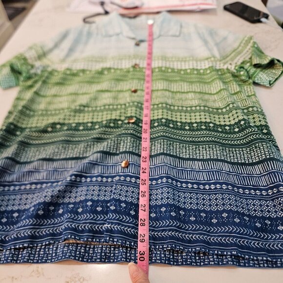 Tommy Bahama Mens Large Silk Shirt Blue Green Gradient Patterned Button Short S - Picture 8 of 9